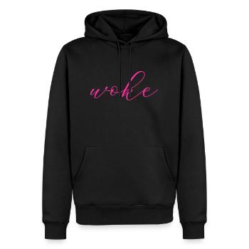 Selbstironischer Spruch: WOKE - Männer Premium Bio Hoodie - Schwarz - Vorne - Nico (187cm)