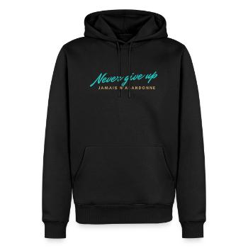 Never give up - Sweat à capuche Premium bio Homme - noir - Devant - Nico (187cm)