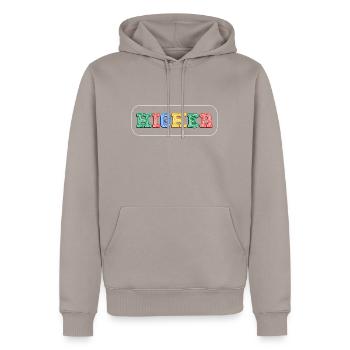 HIGHER - Drum and Bass Festival Raver -Liquid DNB - Men’s Premium Organic Hoodie - taupe - Front - Nico (187cm)