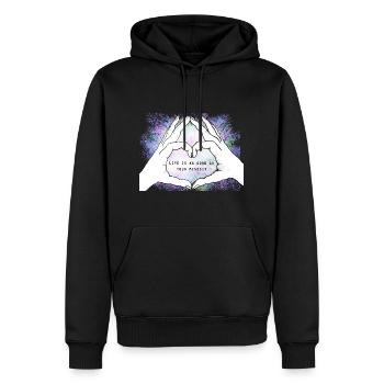 Hands form a heart. Mindset. Love. - Men’s Premium Organic Hoodie - black - Front - Nico (187cm)