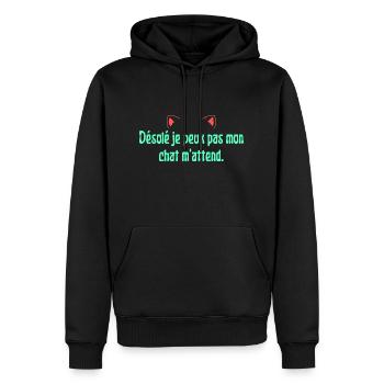 Désolé je peux pas mon chat m'attend. Tête de chat - Sweat à capuche Premium bio Homme - noir - Devant - Nico (187cm)
