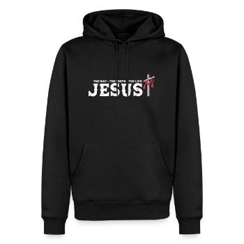 Jesus - Der Weg Die Wahrheit Das Leben - Erlöst - Männer Premium Bio Hoodie - Schwarz - Vorne - Nico (187cm)