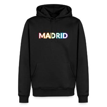 Texte arc-en-ciel gay de Madrid - Sweat à capuche Premium bio Homme - noir - Devant - Nico (187cm)