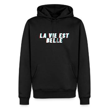 La vie est belle - Sweat à capuche Premium bio Homme - noir - Devant - Nico (187cm)