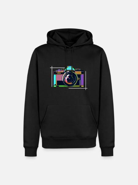 Motivo colorato dell'arte della fotocamera - Felpa con cappuccio ecologica premium da uomo - nero