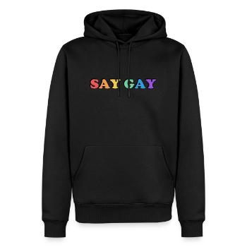 DIRE GAY fierté arc-en-ciel - Sweat à capuche Premium bio Homme - noir - Devant - Nico (187cm)