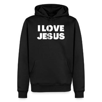 J’aime Jésus - Citations chrétiennes - Sweat à capuche Premium bio Homme - noir - Devant - Nico (187cm)
