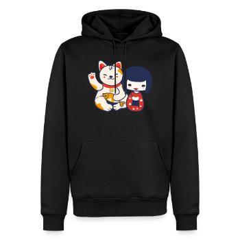 Poupée Kokeshi avec un chat qui porte le chat de Maneki Neko - Sweat à capuche Premium bio Homme - noir - Devant - Nico (187cm)
