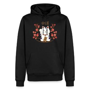 Chat Maneki-neko avec bonne chance kanji - Sweat à capuche Premium bio Homme - noir - Devant - Nico (187cm)