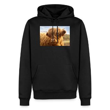 Petite vache, veau brun regarde la caméra - Sweat à capuche Premium bio Homme - noir - Devant - Nico (187cm)