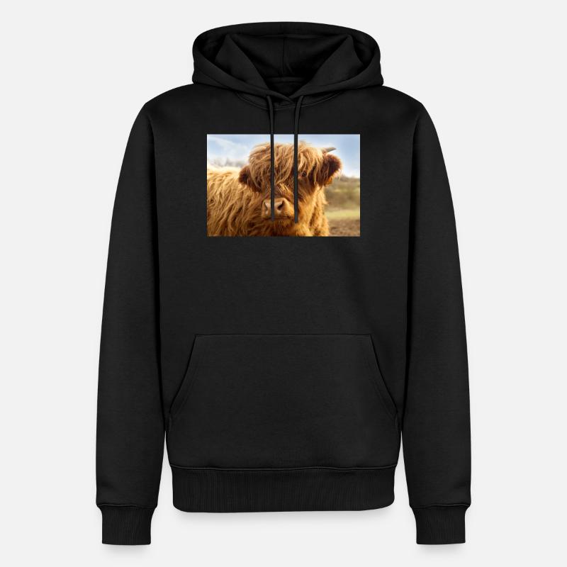 Petite vache, veau brun regarde la caméra - Sweat à capuche Premium bio Homme - noir