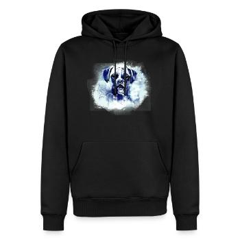 Peinture, aquarelle, graffiti, chien, boxeur, bleu - Sweat à capuche Premium bio Homme - noir - Devant - Nico (187cm)