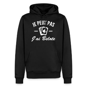 je peux pas j'ai belote - Sweat à capuche Premium bio Homme - noir - Devant - Nico (187cm)