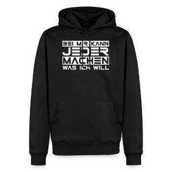 Bei mir kann jeder machen was ich will, Fun - Männer Premium Bio Hoodie - Schwarz - Vorne - Nico (187cm)