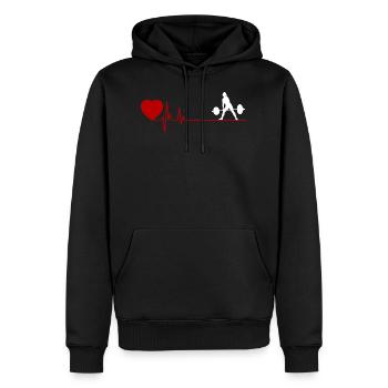 Blanc d’haltérophilie femelle avec la fréquence cardiaque rouge - Sweat à capuche Premium bio Homme - noir - Devant - Nico (187cm)