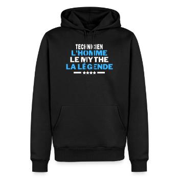 TECHNICIEN l homme le mythe la légende humour - Sweat à capuche Premium bio Homme - noir - Devant - Nico (187cm)