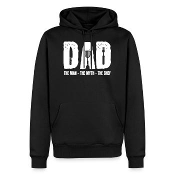 Papa le mythe de l’homme et le chef - Sweat à capuche Premium bio Homme - noir - Devant - Nico (187cm)