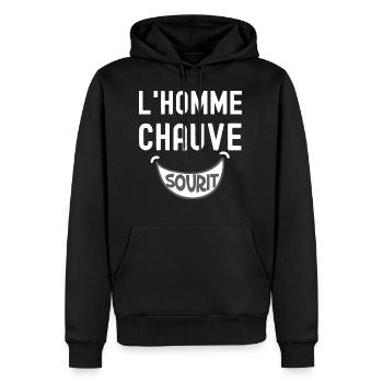 Homme chauve sourit 2.png - Sweat à capuche Premium bio Homme - noir - Devant - Nico (187cm)