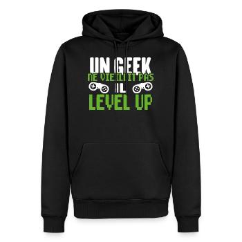 Un Geek Ne Vieillit Pas Il Level Up - Sweat à capuche Premium bio Homme - noir - Devant - Nico (187cm)