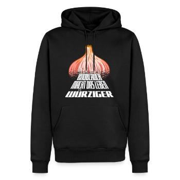 Kräftige Knoblauchgrafik mit fetter Typo - Männer Premium Bio Hoodie - Schwarz - Vorne - Nico (187cm)