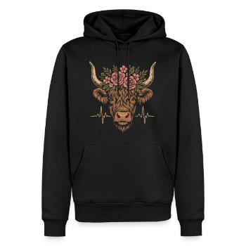 Highland Kuh mit Blumen und Herzschlag EKG - Männer Premium Bio Hoodie - Schwarz - Vorne - Nico (187cm)