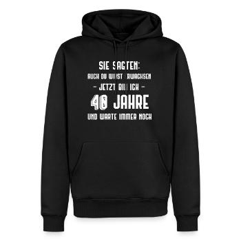 40ème anniversaire - Sweat à capuche Premium bio Homme - noir - Devant - Nico (187cm)