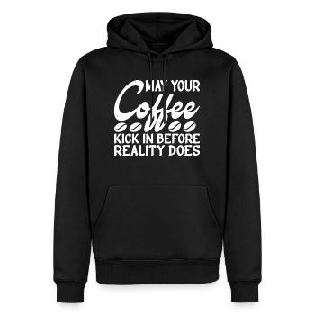 May Your Coffee Kick In Before Reality Does 34 - Men’s Premium Organic Hoodie - black - Front - Nico (187cm)