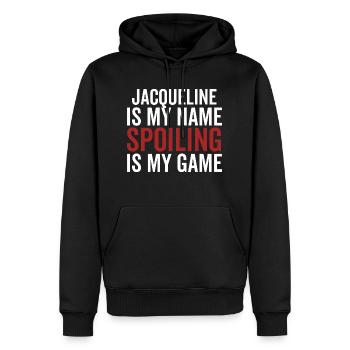 Jacqueline ist mein Name Verderben ist mein Spiel - Männer Premium Bio Hoodie - Schwarz - Vorne - Nico (187cm)