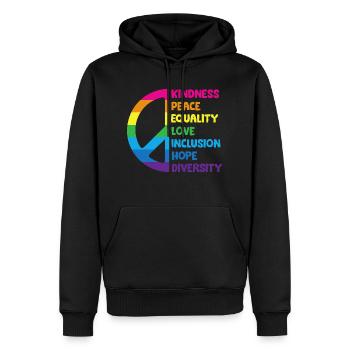 Freundlichkeit, Frieden, Gleichheit, Liebe, Inklusion, Hoffnung - Männer Premium Bio Hoodie - Schwarz - Vorne - Nico (187cm)
