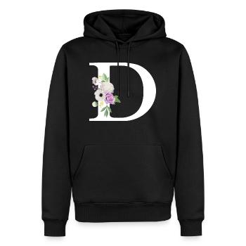 Lettre D floral violet - Sweat à capuche Premium bio Homme - noir - Devant - Nico (187cm)
