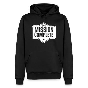 Mission Complete - Men’s Premium Organic Hoodie - black - Front - Nico (187cm)