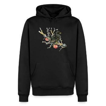 Liebevoll gemalte Amsel auf einem Apfelzweig - Männer Premium Bio Hoodie - Schwarz - Vorne - Nico (187cm)