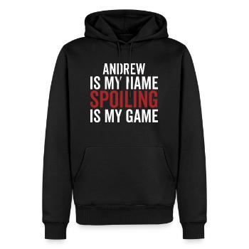 Andrew ist mein Name Verderben ist mein Spiel - Männer Premium Bio Hoodie - Schwarz - Vorne - Nico (187cm)