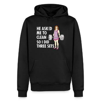 He Asked Me To Clean So I Did Three Sets - Gym Hum - Men’s Premium Organic Hoodie - black - Front - Nico (187cm)