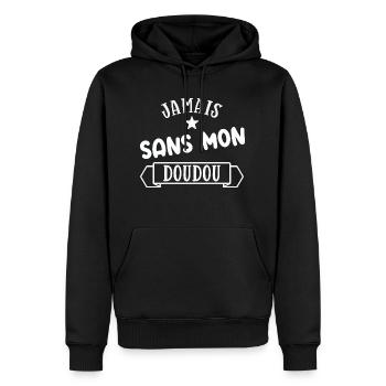 Jamais sans mon doudou cadeau humour bébé - Sweat à capuche Premium bio Homme - noir - Devant - Nico (187cm)
