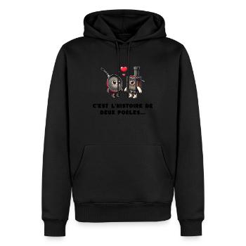 "C'est l'histoire de deux poêles" - Sweat à capuche Premium bio Homme - noir - Devant - Nico (187cm)