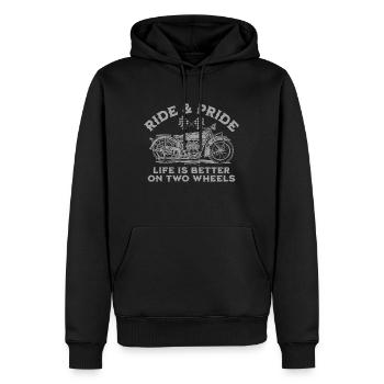 CONDUITE ET FIERTÉ, LA VIE EST MEILLEURE SUR DEUX ROUES - Sweat à capuche Premium bio Homme - noir - Devant - Nico (187cm)