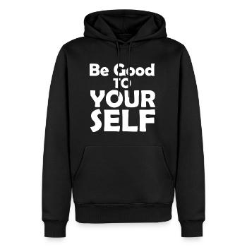 Sei gut zu dir selbst Zitat - Männer Premium Bio Hoodie - Schwarz - Vorne - Nico (187cm)