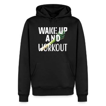 Wake up and workout Aufstehen und Sport treiben. - Männer Premium Bio Hoodie - Schwarz - Vorne - Nico (187cm)