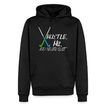 Hustle, Hit, And Never Quit Field Hockey Player - Men’s Premium Organic Hoodie - black - Front - Nico (187cm)