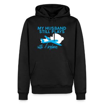 Mon mari joue toujours avec les avions - Sweat à capuche Premium bio Homme - noir - Devant - Nico (187cm)