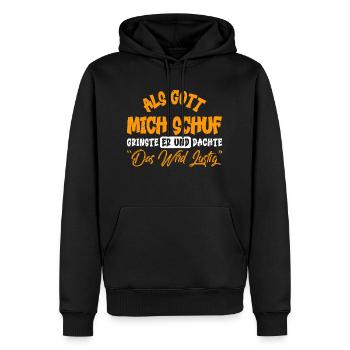ALS GOTT MICH SCHUF, GRINSTE ER UND DACHTE... - Männer Premium Bio Hoodie - Schwarz - Vorne - Nico (187cm)