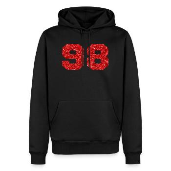 Numéro 98 paillettes rouge - 98e anniversaire - Sweat à capuche Premium bio Homme - noir - Devant - Nico (187cm)
