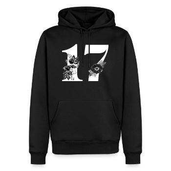 Numéro 17 floral noir -17e anniversaire floral - Sweat à capuche Premium bio Homme - noir - Devant - Nico (187cm)