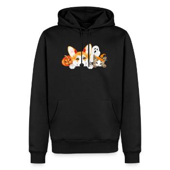 Regard Corgi et chat avec accessoires d’Halloween - Sweat à capuche Premium bio Homme - noir - Devant - Nico (187cm)