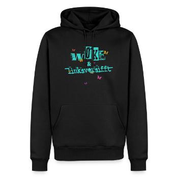 Selbstironie: WOKE & linksversifft - Männer Premium Bio Hoodie - Schwarz - Vorne - Nico (187cm)