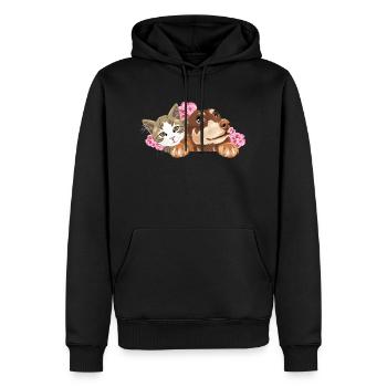 Chat mignon et teckel rêveur avec des fleurs roses - Sweat à capuche Premium bio Homme - noir - Devant - Nico (187cm)