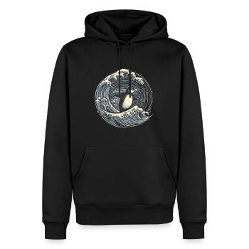 Pinguin surft auf Welle - Männer Premium Bio Hoodie - Schwarz - Vorne - Nico (187cm)