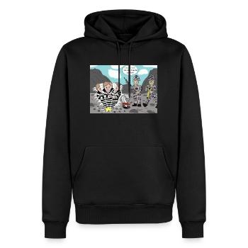 Steinbruch 2_Angela Merkel bei der Arbeit - Männer Premium Bio Hoodie - Schwarz - Vorne - Nico (187cm)