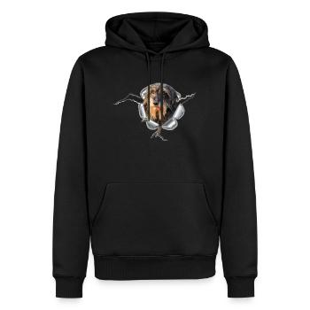 Rauhaardackel im *Metall-Loch* - Männer Premium Bio Hoodie - Schwarz - Vorne - Nico (187cm)